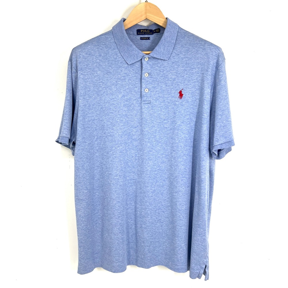 Polo Ralph Lauren Mens XL‎ Classic Fit Blue Heathered Cotton Polo Shirt Red Pony